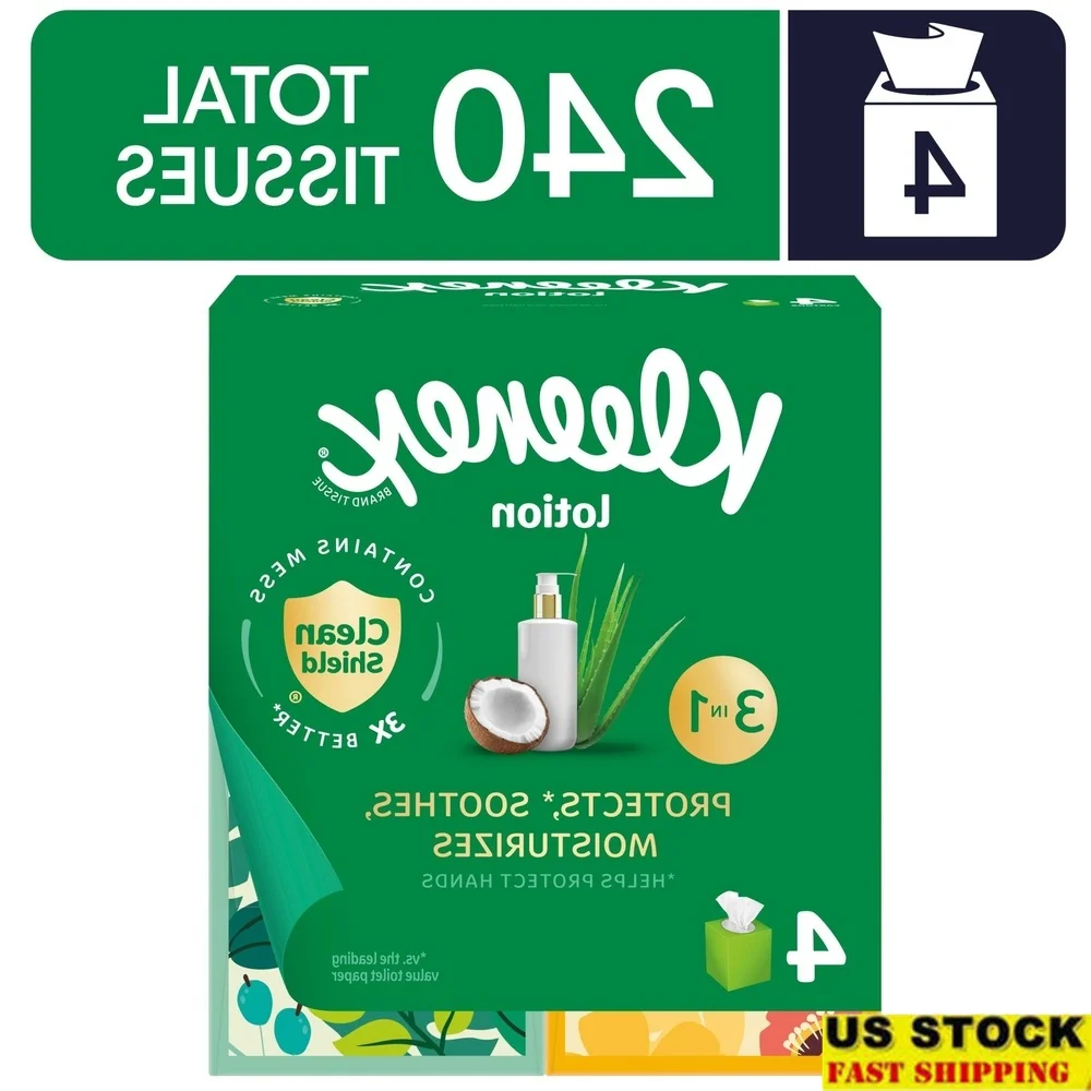 

Lotion Facial Tissues Coconut Oil 3-Ply Soft Moisturizing 60 Tissues per Box 4 Cube Boxes Clean Shield Gentler Skin Care