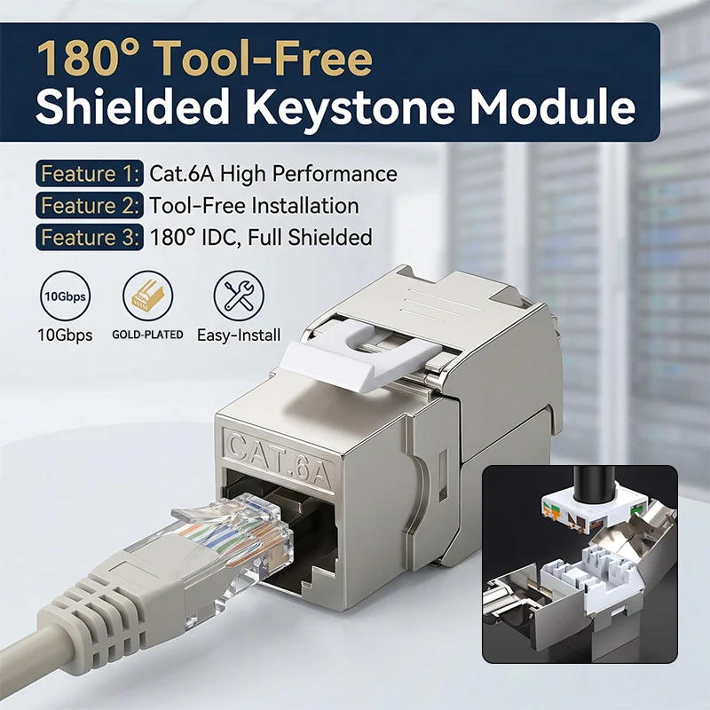 10Gbps Cat6A Shielded RJ45 Keystone Jack, Tool-Free 180° Network Connector for Wall Plate Wiring