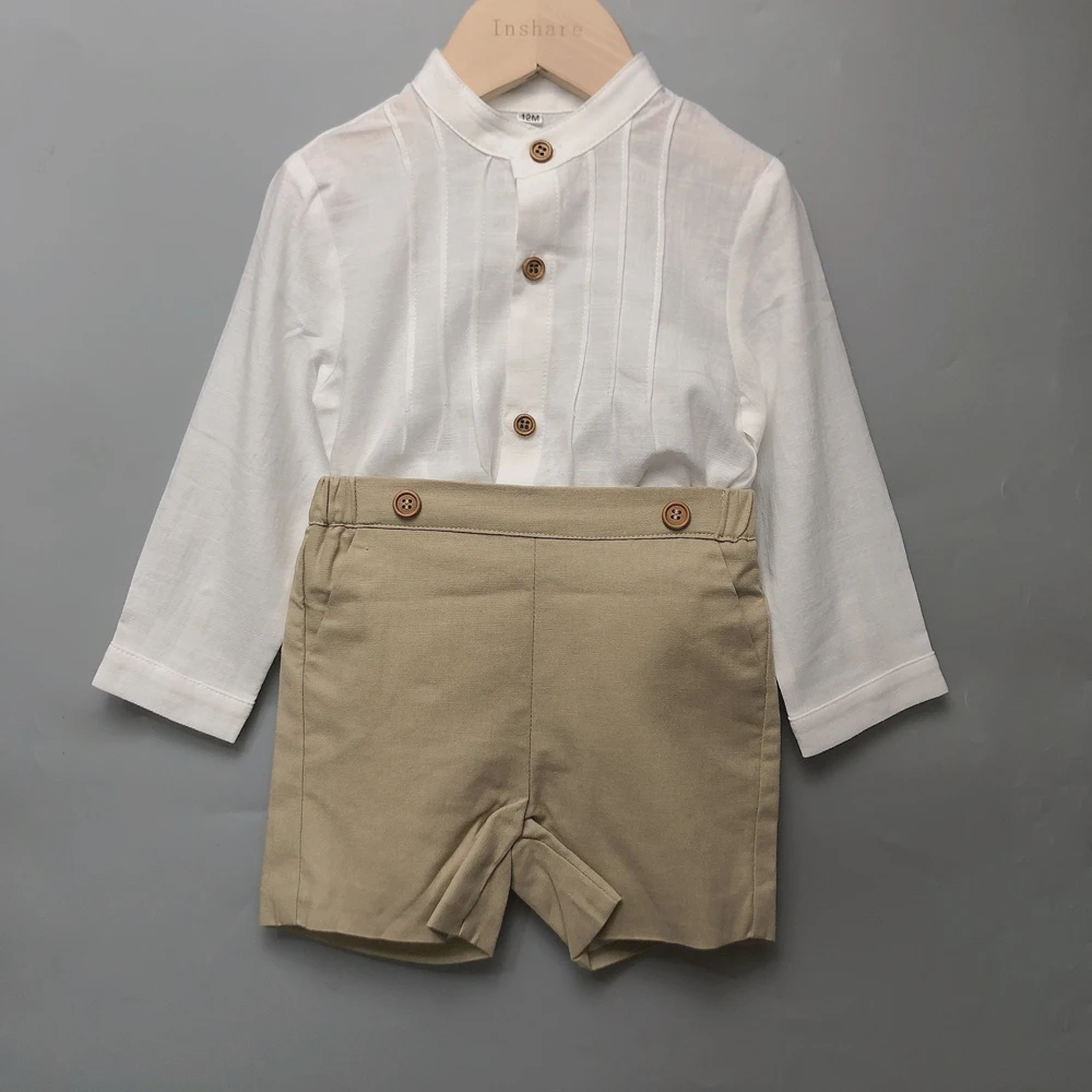 Children Boutique Clothing Toddler Boys Cotton Long Sleeve Shirt Khaki Linen Straps Shorts Eid Clothes Baptism Spanish Style