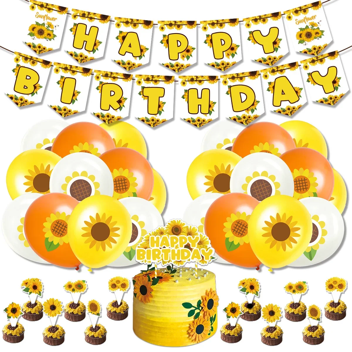 Sunflower Birthday Party Decorations with Happy Birthday Banner Sunflower Cupcakes Topper Balloons for Birthday Party Supplies