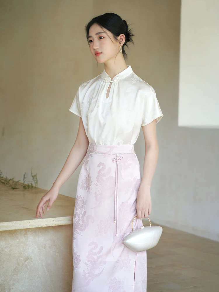 

Ele Chinese Sle Women's ort Sve Satin Top Summer 2025 Fre Vinegar Acidic Drop Collar Embroidered Loose Fit irt