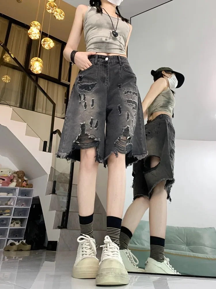 Pantalones cortos vaqueros con agujeros Vintage americanos para mujer, pantalones cortos de pierna ancha de cintura alta de verano, nuevos pantalones rectos sueltos de cinco puntos 2025