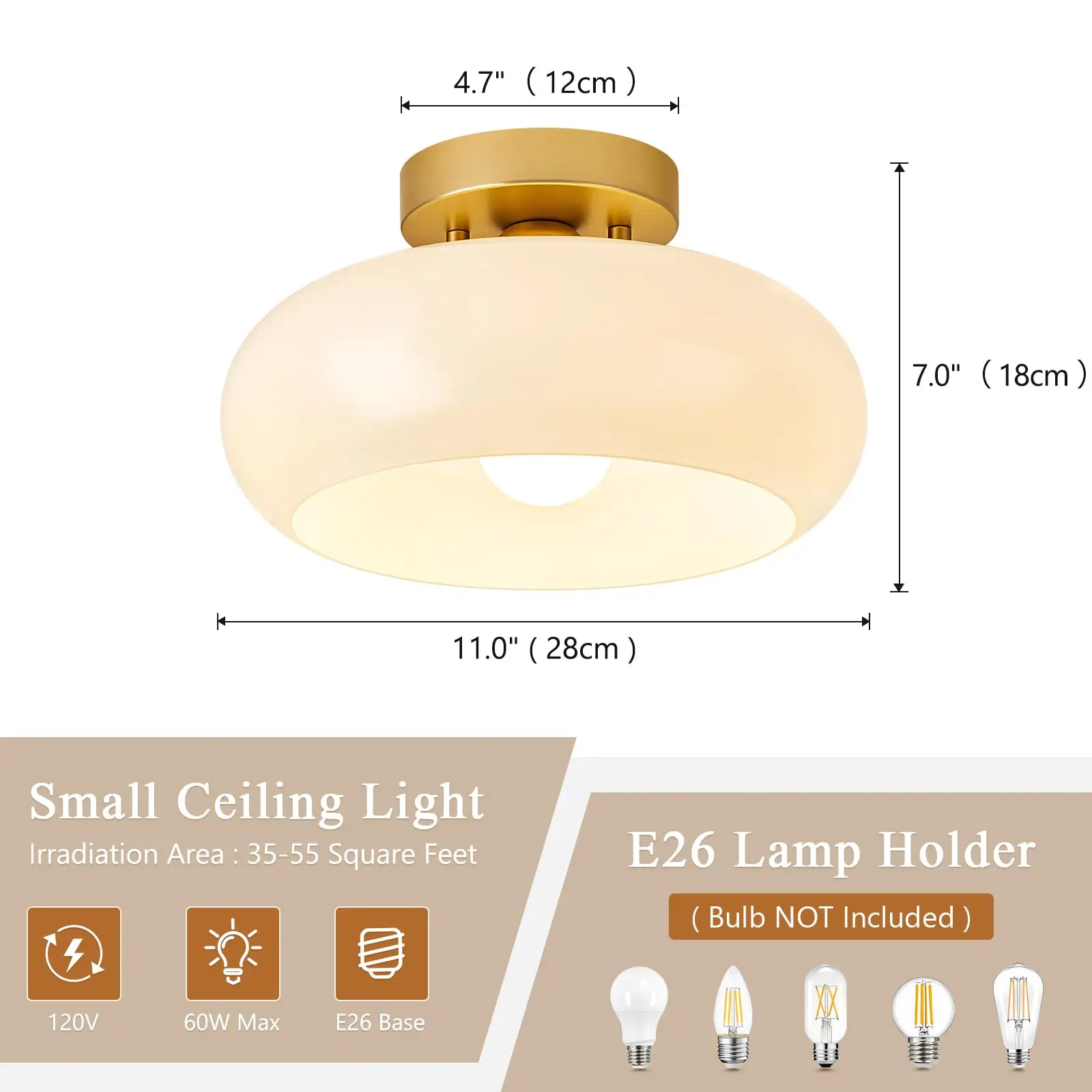 Modern Gold Ceiling Light with White Glass Shade for Hallway Lighting Fixtures, Metal Close to Ceiling Lamp mit E26/E27 Base