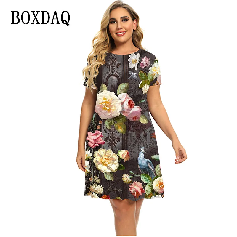 Vestidos Retro con estampado de plantas florales para mujer, ropa holgada de manga corta de talla grande, vestido informal con estampado 3D de