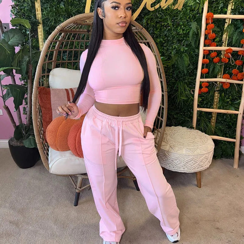 Doyerl Solid Two Piece Set Woman Tracksuit Sports Fitness Skinny Long Sleeve Crop Top and Sweatpants Sweatsuits Jogging Femme