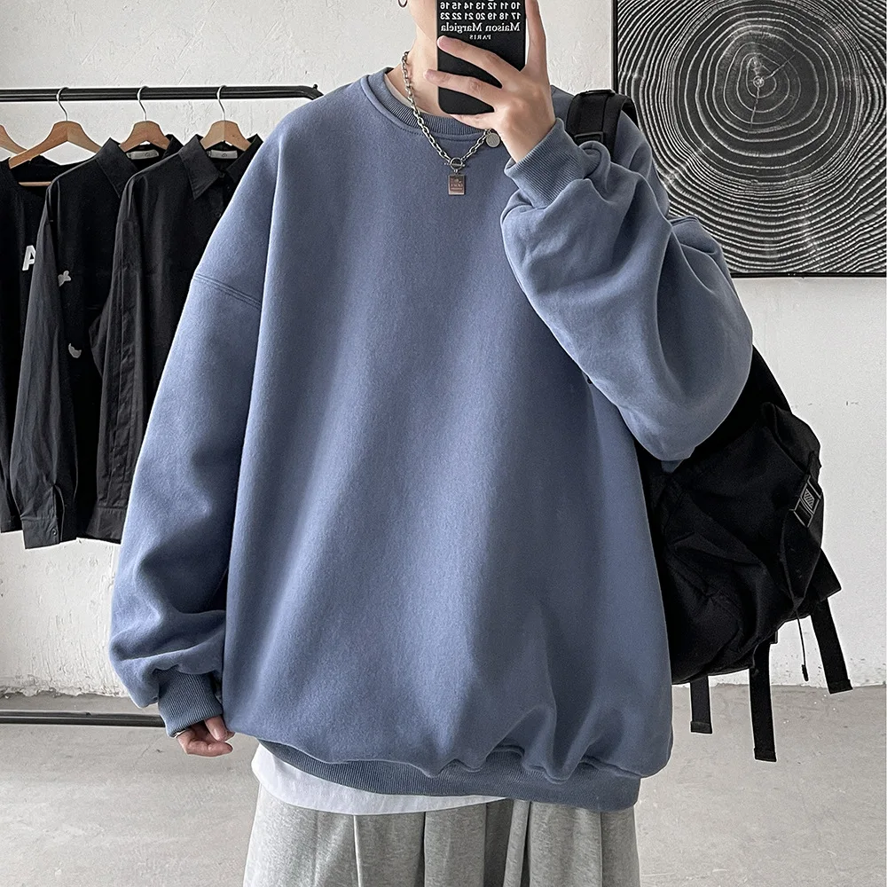 TRSYPHXM 2024 new Round neck men's spring and autumn trendy loose fitting pullover top, couple plus size solid color base shirt