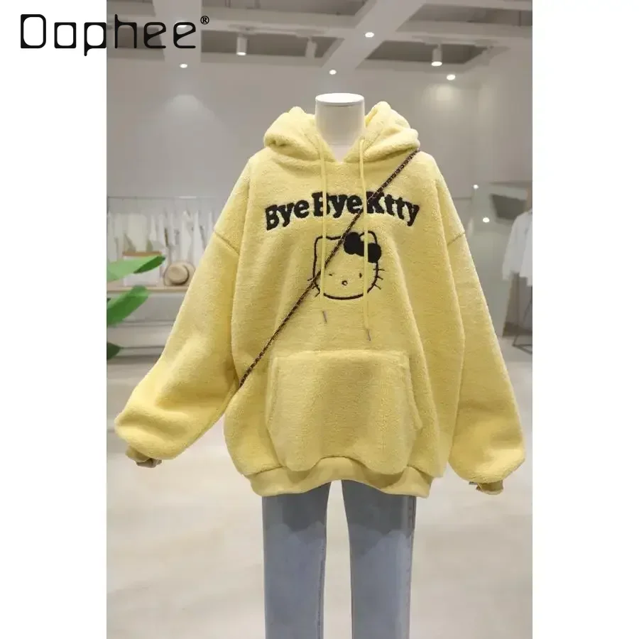 Thick and Fleece Warm Cartoon Cat Sweatshirt 2024 Autumn and Winter Loose Versatile Hooded Pullover Lamb Wool Hoodies Women