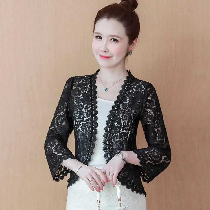 Fashion Long Sleeve Beading Hollow Out Lace Cardigan Women Jacket Black White Short Jacket Women Clothes Coat Women Jackets G39