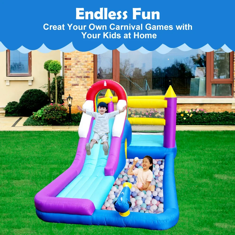 Rainbow Themed Inflatable Water Bounce House with Slide Splash Pool and Water Cannons Kids Backyard Outdoor Summer Play Jumping