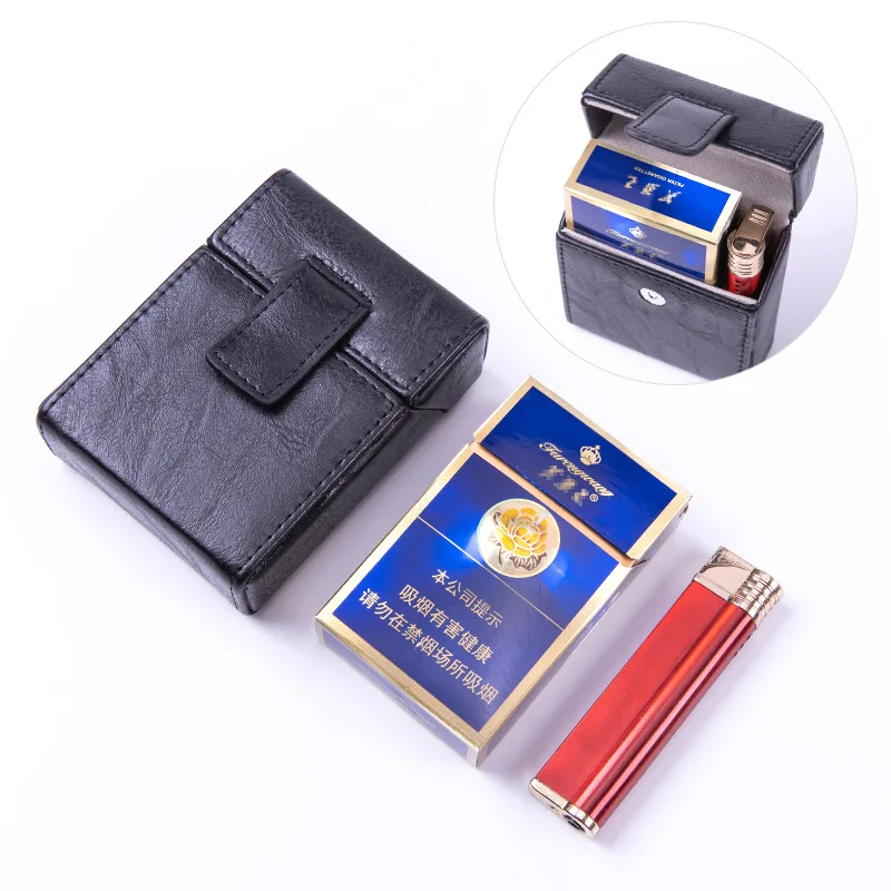 Estuche de cigarrillos de cuero PU para hombres, accesorios de almacenamiento de encendedor de cigarrillos de moda