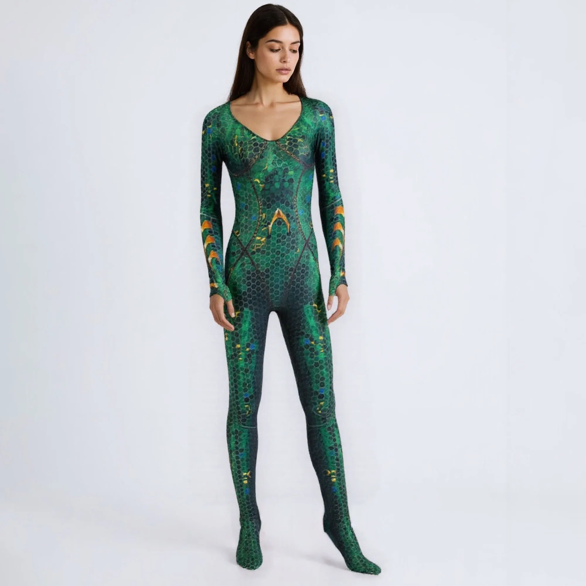 

Women Princess Mera Girl Hero Mae La Zentai Jumpsuit Tights Cosplay Costume Halloween Party Fish Scale Pattern Bodysuit
