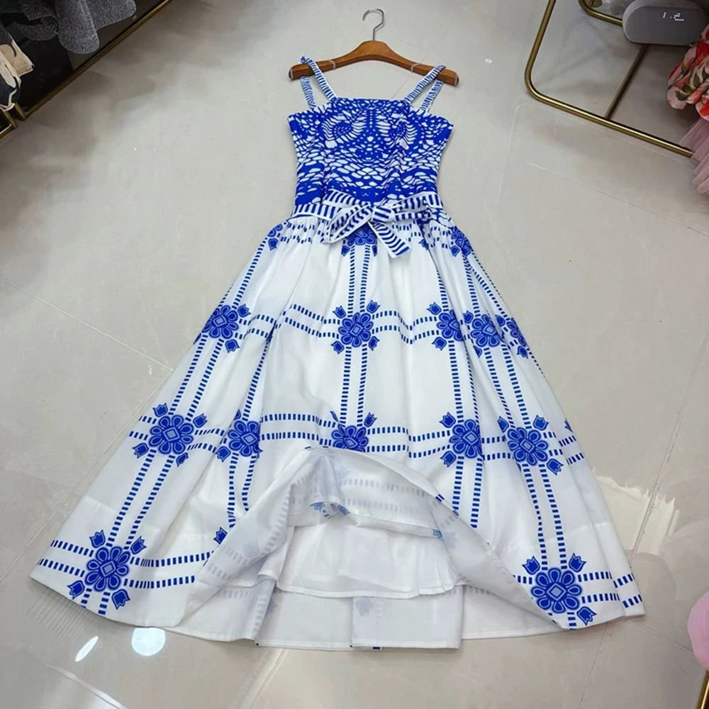 

European, American, Australian, French, niche, seaside chic, spaghetti strap, one-shoulder, printed, long dress-GZXX347