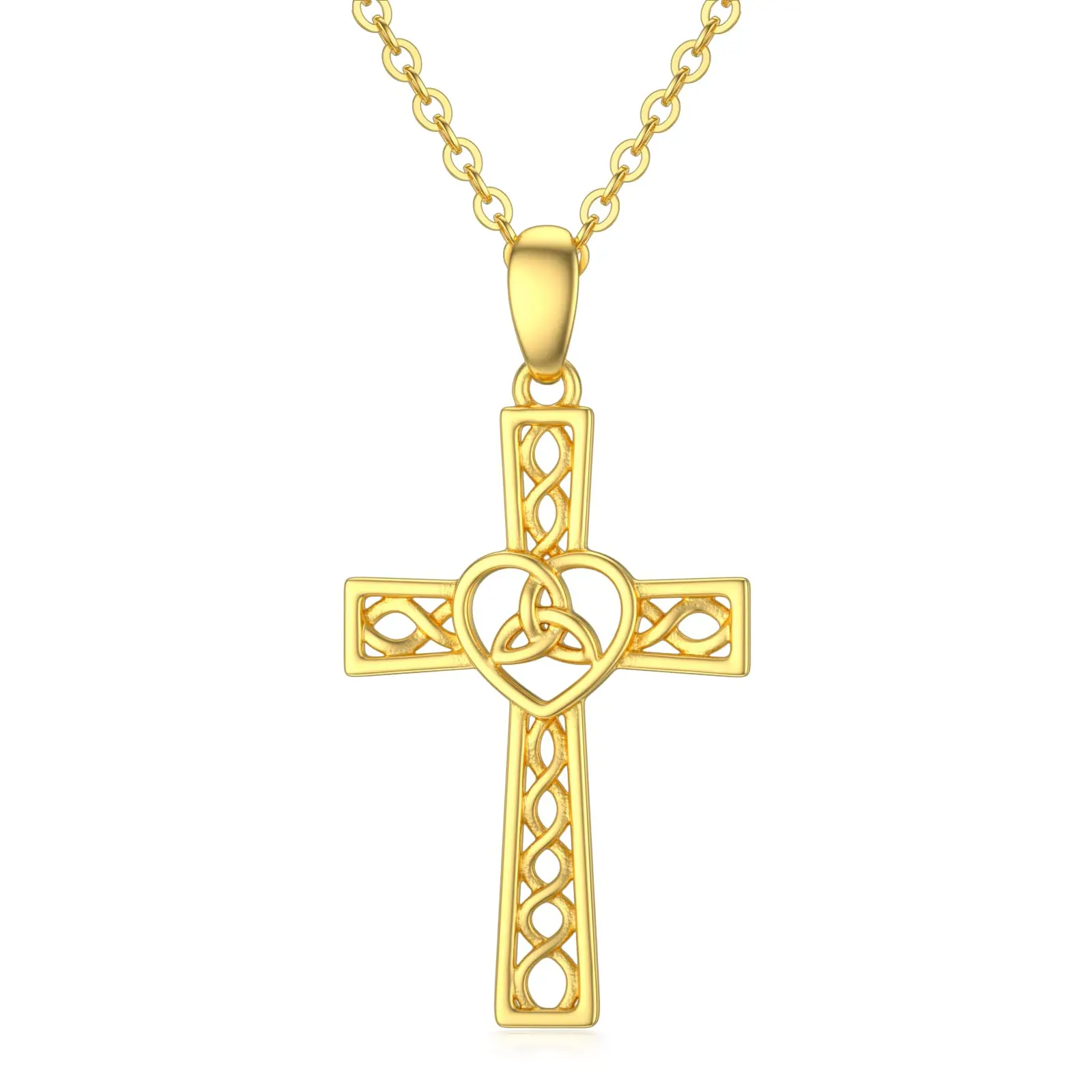 YFN Real Gold Celtic Knot Cross Necklace for Women Teen Girls 14K Yellow Gold Lucky Irish Charm Pendant Necklace Cross Jewerly