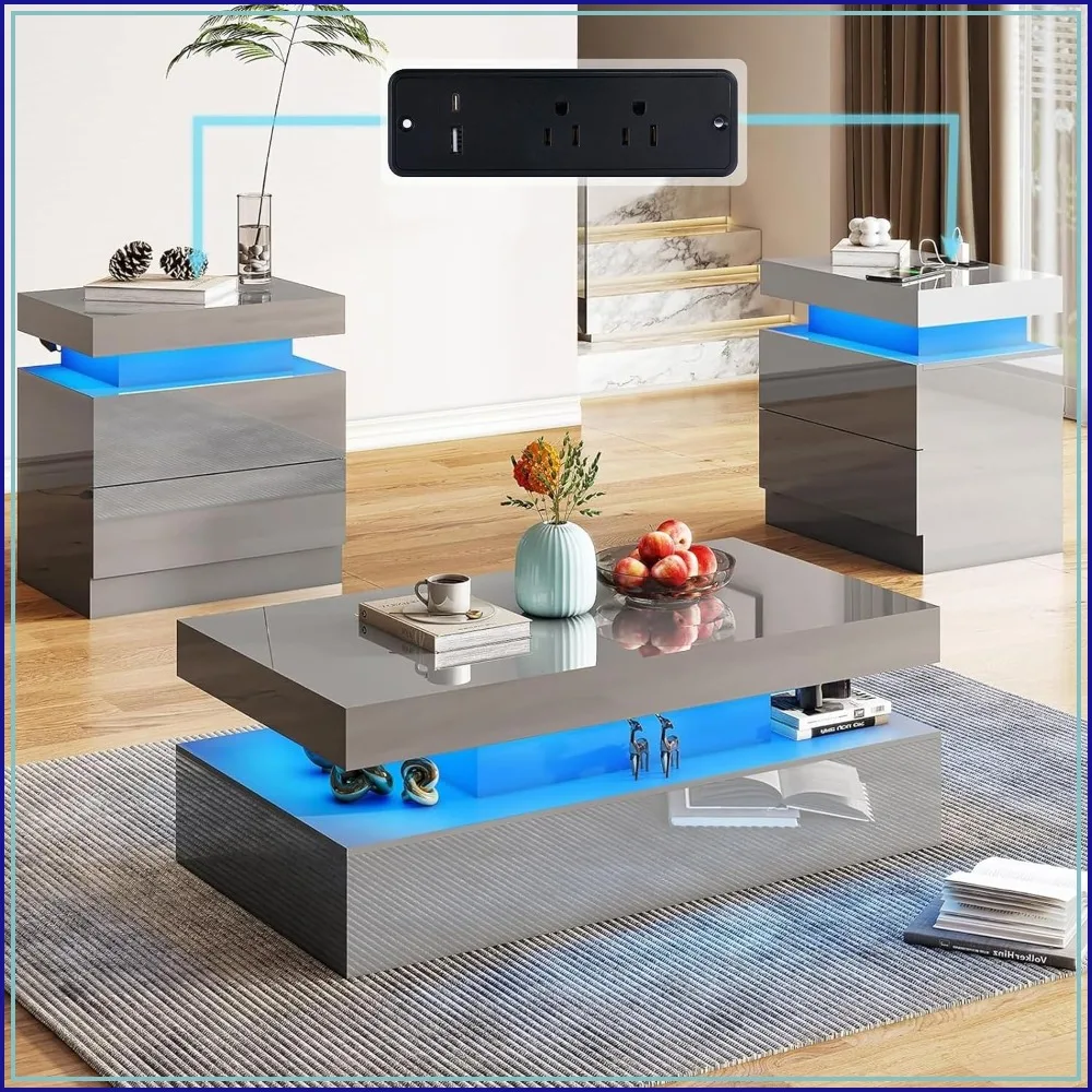 3-Piece High Gloss Coffee Table Set with LED Lights