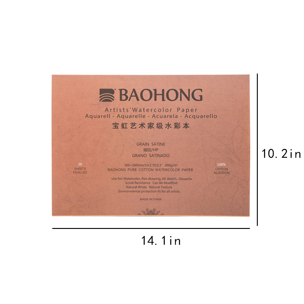 BaoHong Artist Watercolor Paper Pad Cotton 100% Painting Paper Gouache Acrylic, Fountain pen  Inkjet  Pastel charcoal 360*260mm