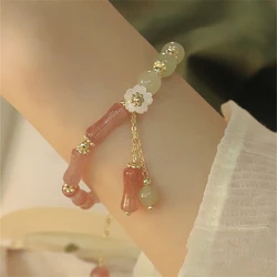 Elegant Green Bamboo Joint Beaded Bracelet for Women Chinese Style Charm Flower Pendant Bracelet Student Jewelry Accessories