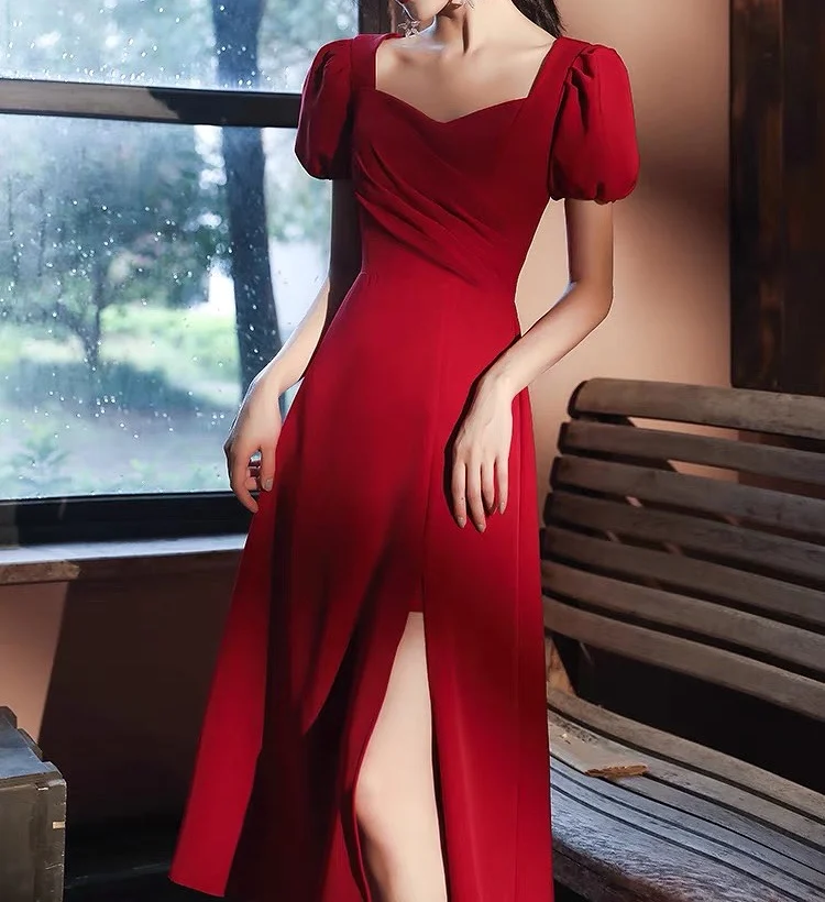 

Elegant Burgundy 2023 Evening Dress A-Line Square Collar Puff Sleeve Sexy High Slit Formal Party Prom Gown Ladies Homecoming New