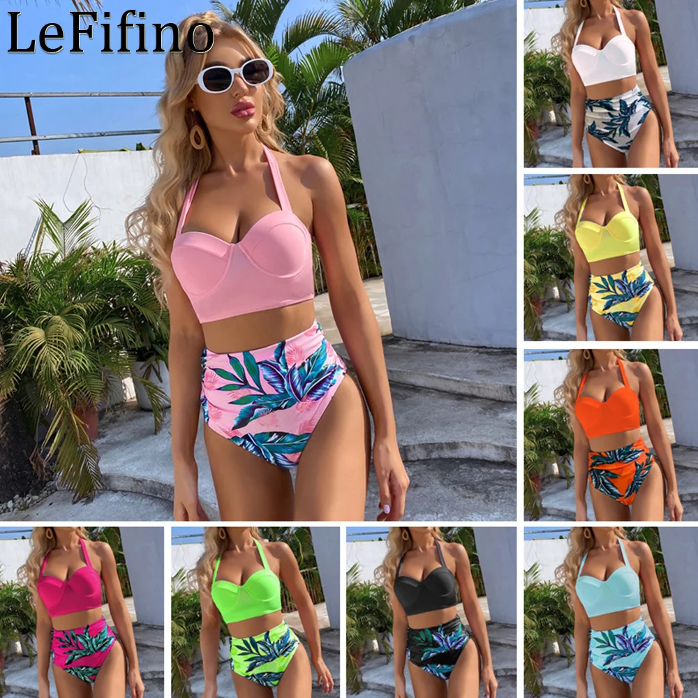 

New Fashion Summer Europe And America Street Style Sexy Leisure Split Body High Waist Swimwear Solid Printed Leaves Bikini Suits