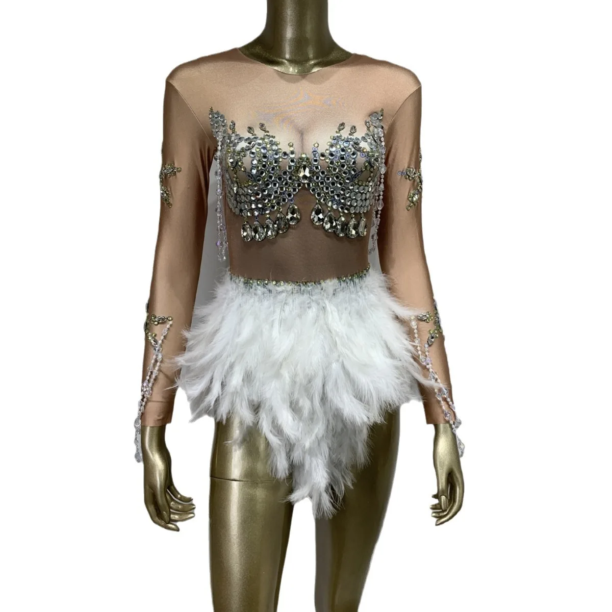 

Rhinestone Feather Stretch Bodysuit DJ Female Singer Dancer Stage Performance Robe Femme Chic Et Élégante Women Vallentain Dress