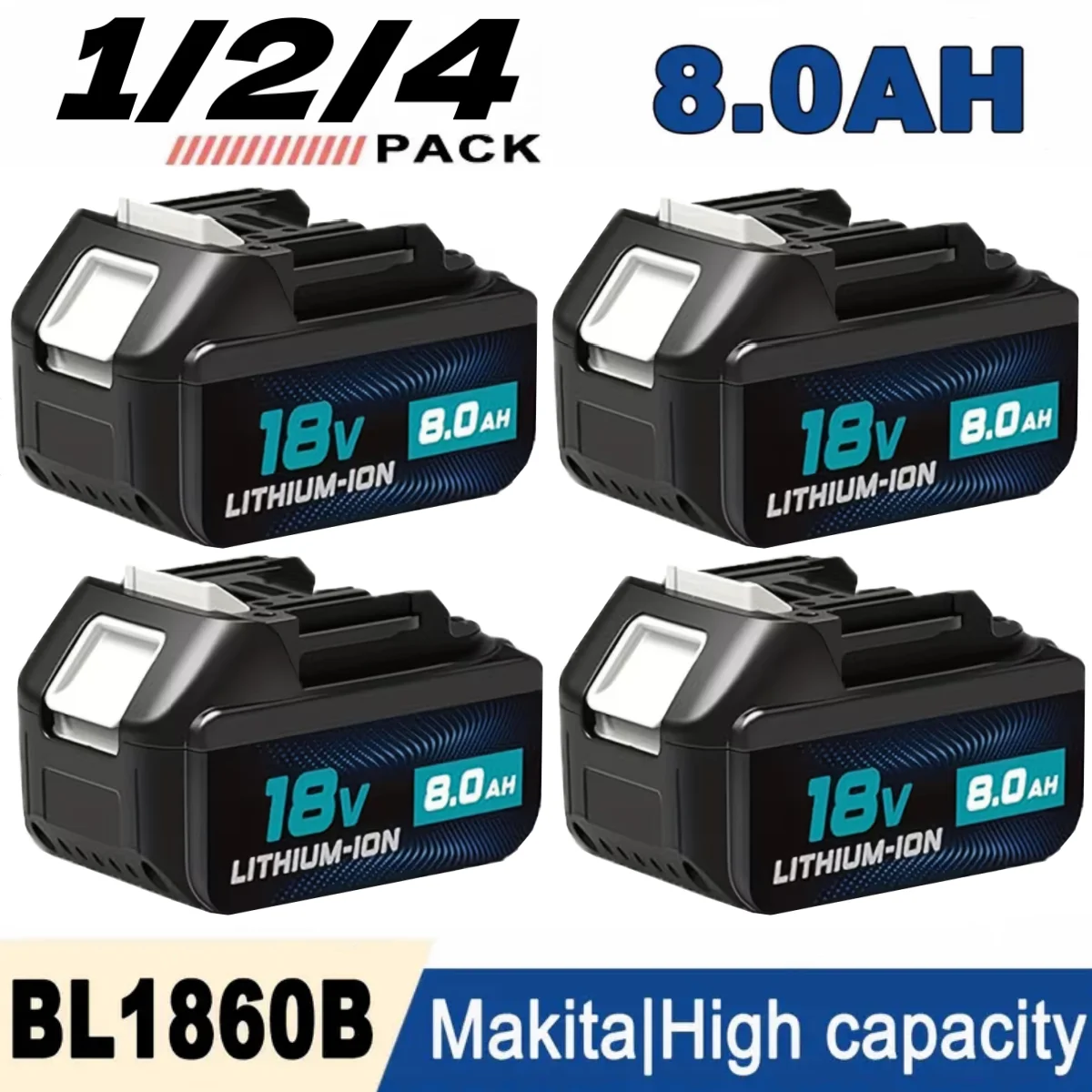 

1/2/4PACK 18V 8.0Ah Rechargeable Lithium-ion Battery, BL1860B Replacement with USB and Type-C Port, 8000mAh Capacity,