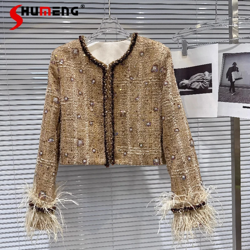 

Women 2025 Autumn New Small Fragrant Long Sleeve Coats Rhinestone Collar Embroidered Flower High-End Tops Feminine Chic Jackets