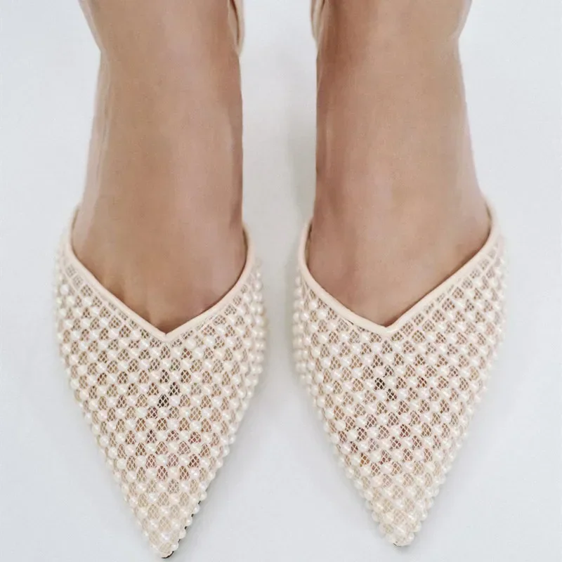 أنيقة سلسلة حبة مزين العلامة التجارية مضخات المرأة مثير أشار تو Slingback رقيقة كعب مصمم حذاء أزياء الزفاف حذاء الزفاف #5