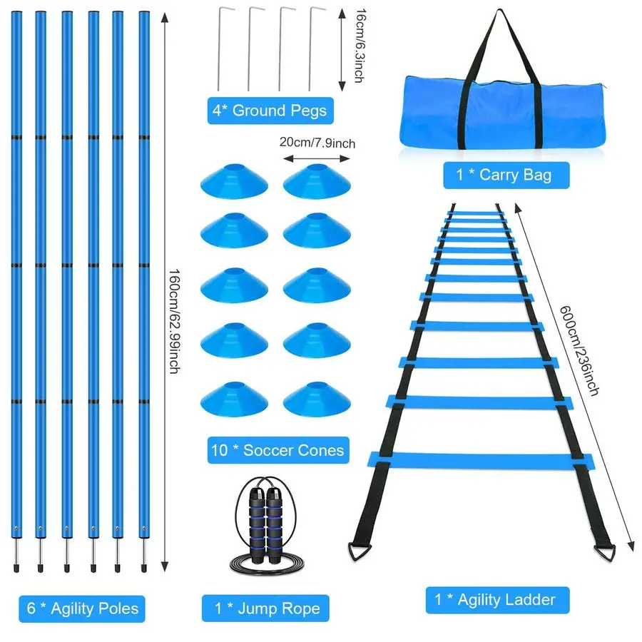 معدات تدريب خفة الحركة، تتضمن سلم خفة الحركة بطول 20 قدمًا، و6 أقطاب خفة الحركة قابلة للتعديل، و10 مخاريط قرصية، ومجموعة تدريب سرعة حبل القفز #2