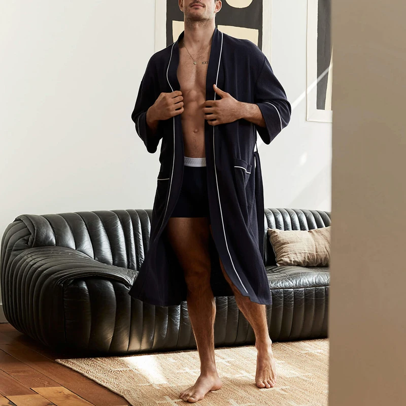 Men Robe Long Sleeve Open Front Contrast Color Night Gown with Belt Sleepwear Loungewear