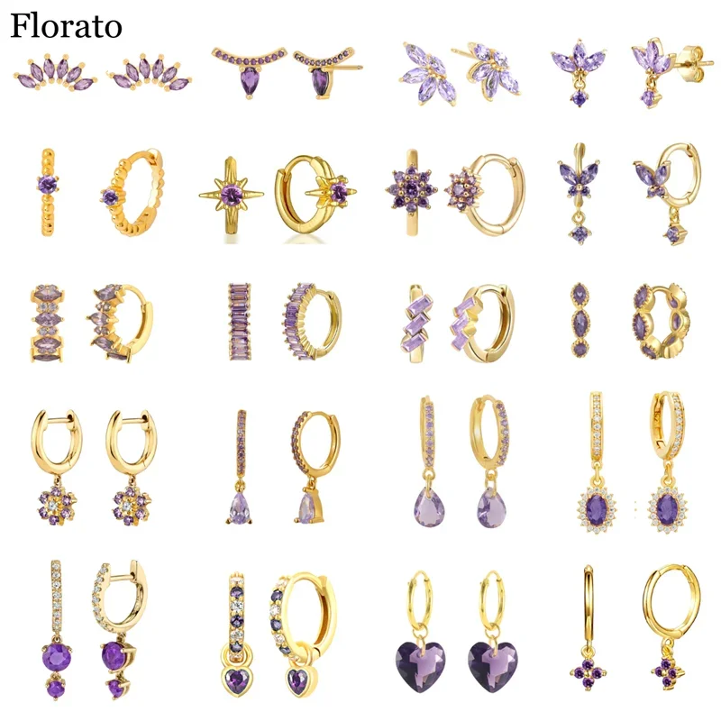 Pendant Huggie 925 Sterling Silver Earrings Elegant Purple Series hoop Earrings Crystal Zircon Gold Fashion Wedding Jewelry 2023