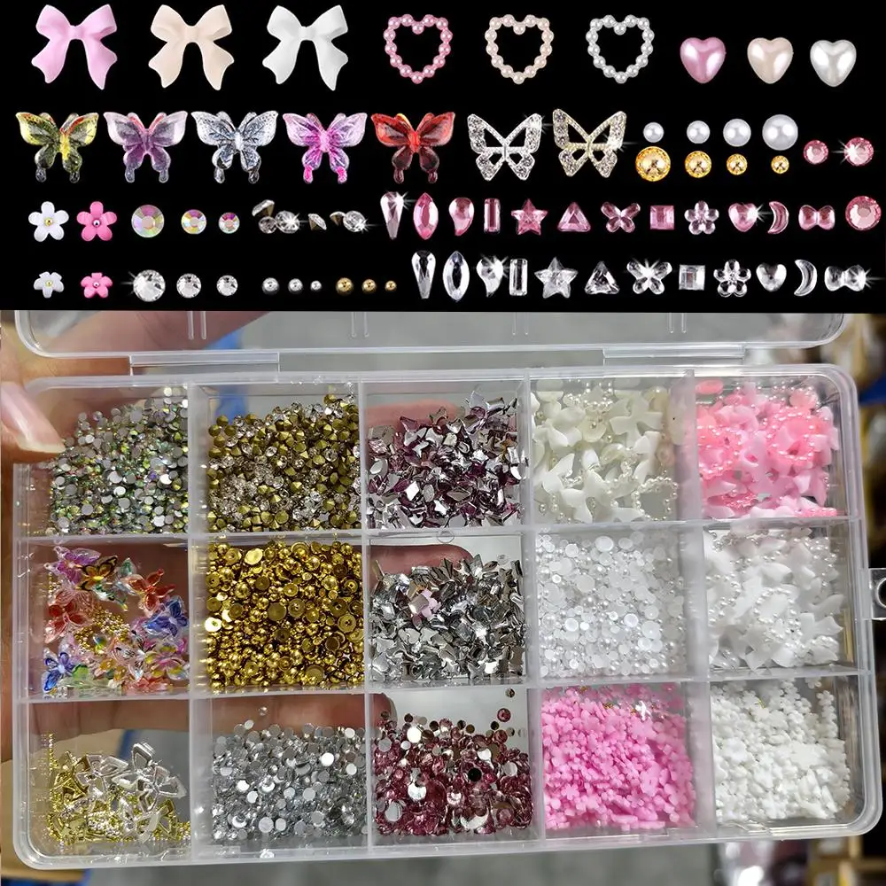 1 Caja de Adornos 3D para Uñas con Lazo de Flores Mixtas, Aleación, Mariposa, Caviar, Perla, Corazón, Decoraciones para Arte de Uñas, Accesorios para Manicura DIY