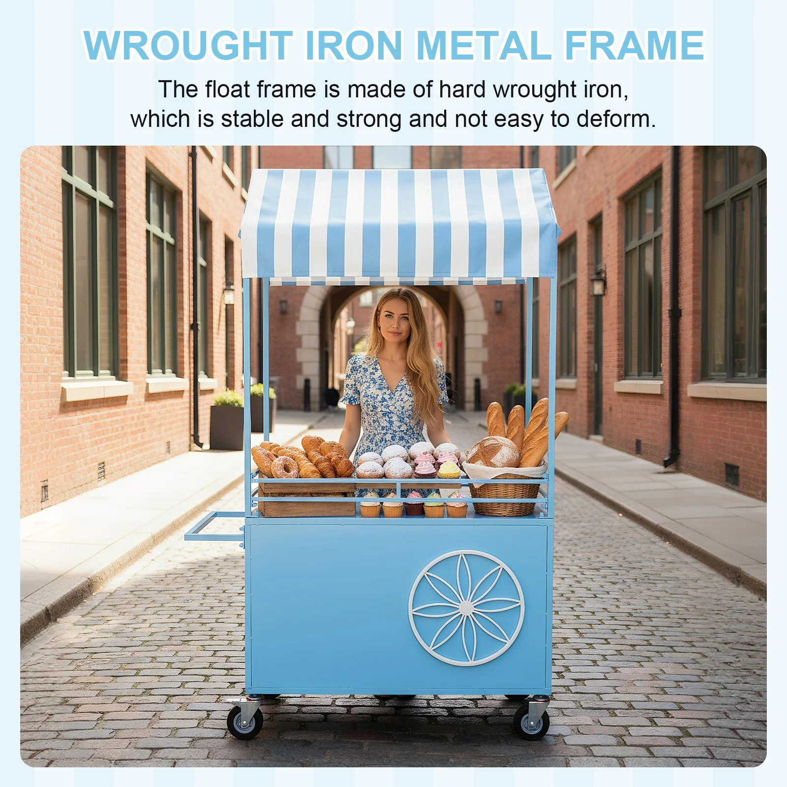 

Mobile Food Display Stand with Lockable Wheels Vending Stand Kiosk Display Trolley with Canopy for Fairs Festivals and Events