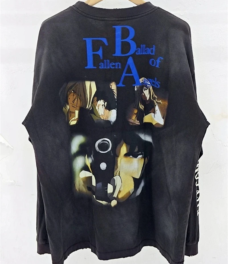 اليابانية الكرتون طباعة سانت مايكل قميص طويل الأكمام الرجال النساء غسلها القمصان السوداء