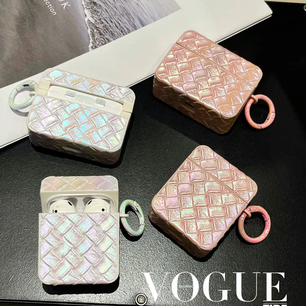 Laser Weave Pattern Case For Airpods Pro 2 Earphone Cover For Apple AirPod 3 1 Pro 2nd Generation Square Headphone Funda Keyring