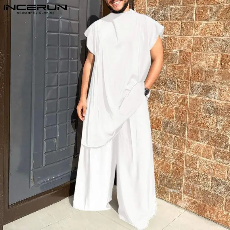 New Men\'s Sets Muslim Style Pleated Dropped Sleeves Half Turtleneck Mid-Length Robe Loose Pants Suit 2 Pieces S-5XL INCERUN 2024