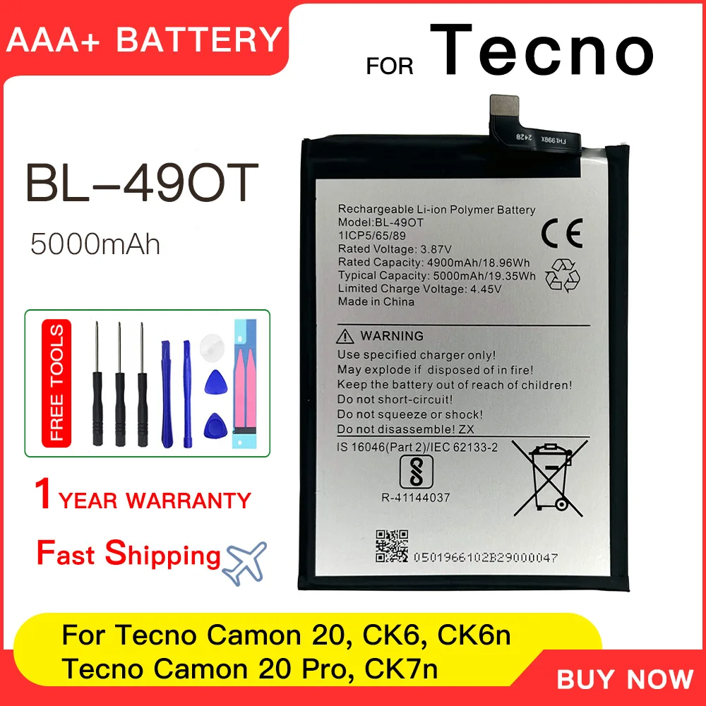 Genuine Battery BL-49OT for Tecno Camon 20, CK6, CK6n, Camon 20 Pro, CK7n, 3.87V 5000mAh Battery + Free Tools