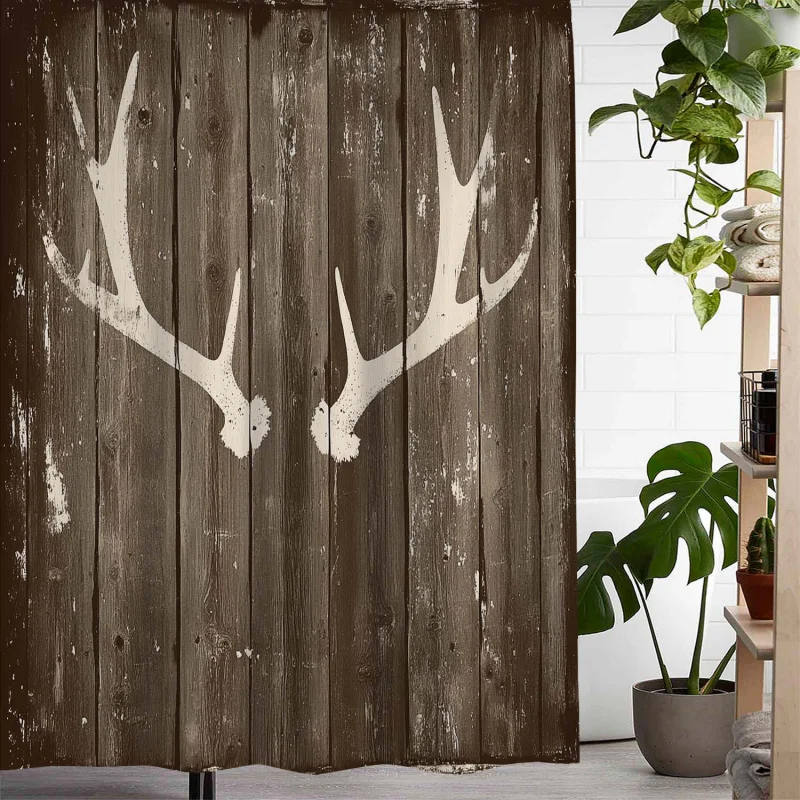 One piece of retro antler print waterproof shower , with 12 hooks Curtain for Windows