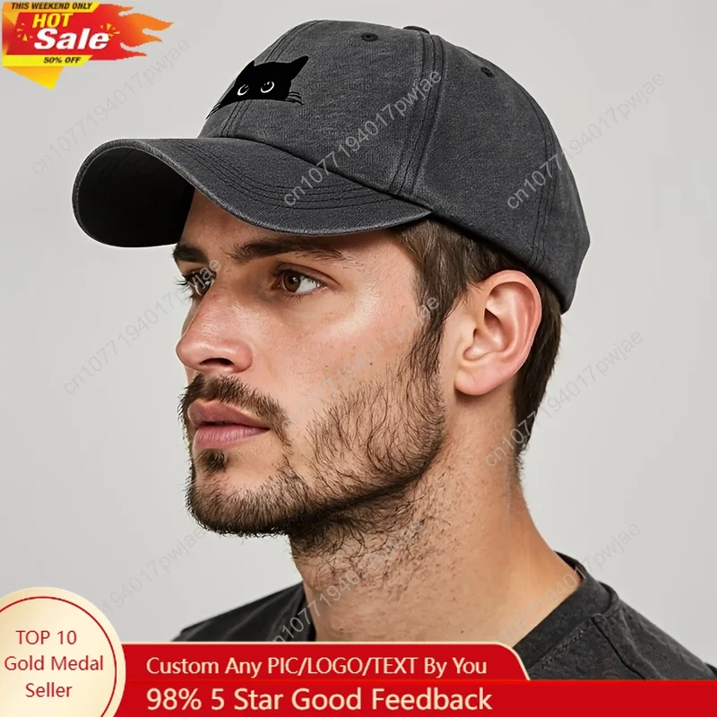 黒猫の頭がプリントされたアウトドアメンズウォッシュドベースボールキャップ、スポーツやレジャー用のヴィンテージスタイルのダックビルキャップ。