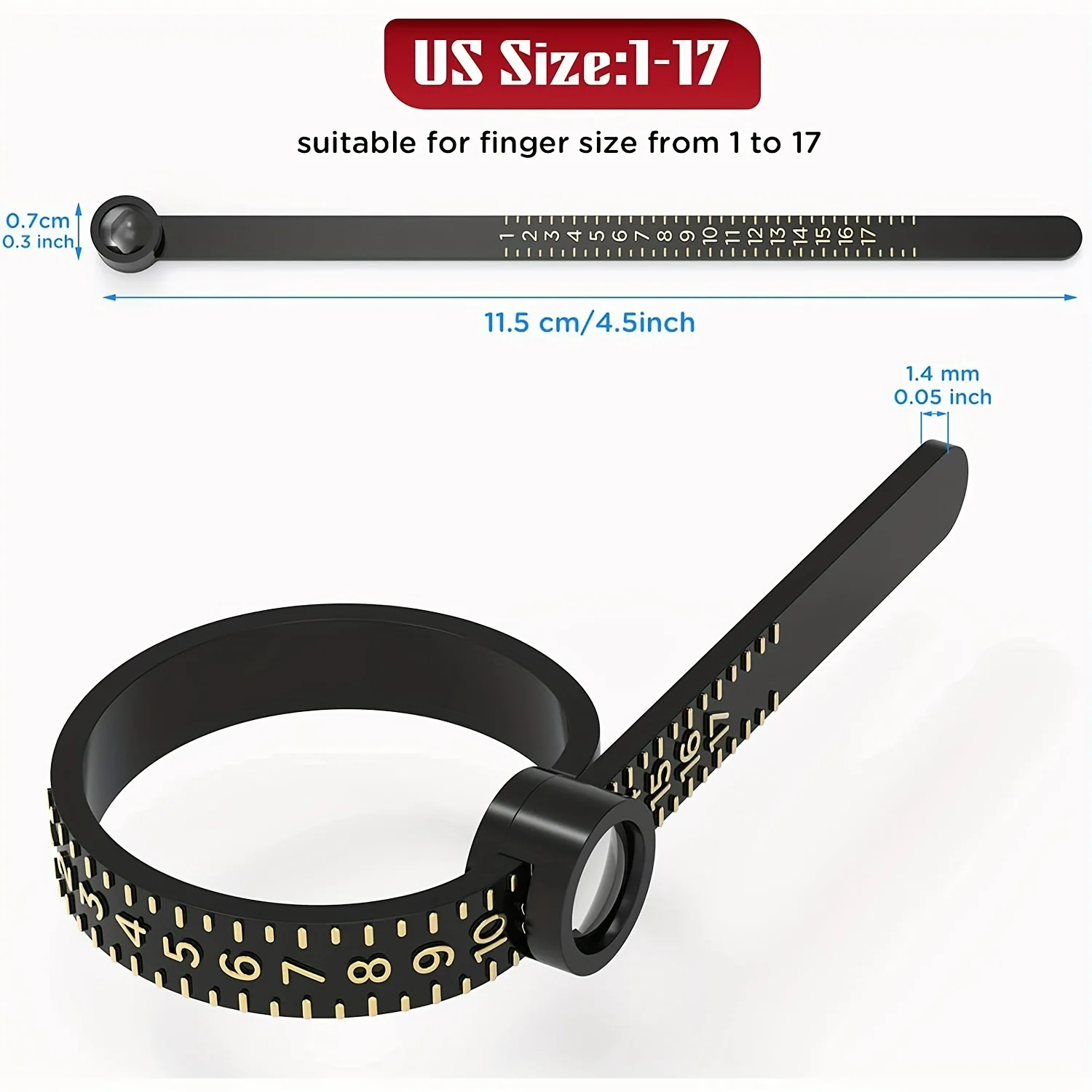 Ring Sizer with Magnifier - US/UK/EU/HK Jewelry Measuring Ruler for Finger Size Ring Size Measuring Tool view 3