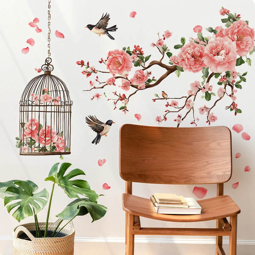 Peach Blossom Branches Birdcage Wall Stickers for Bedroom Living Room Tv Background Stairs Home Decoration Wall Decals