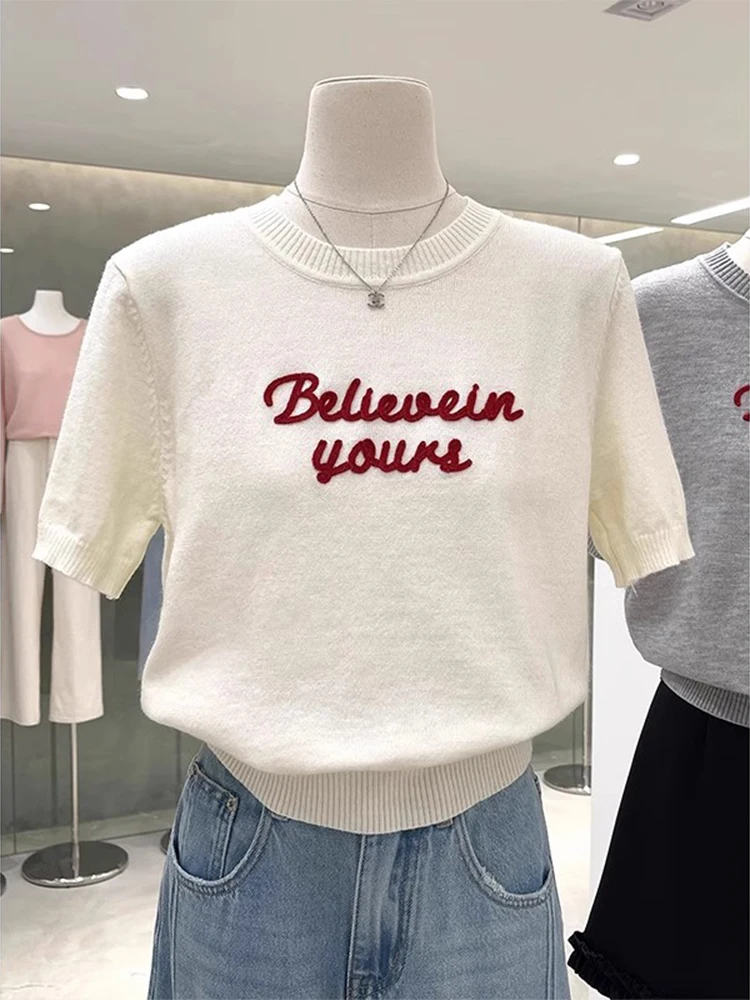 

Sweet Simple Color Blo Letter round Ne Knitted Summer Loose Overhead ort Sve T irt Женский повседневный мягкий вязаный топ