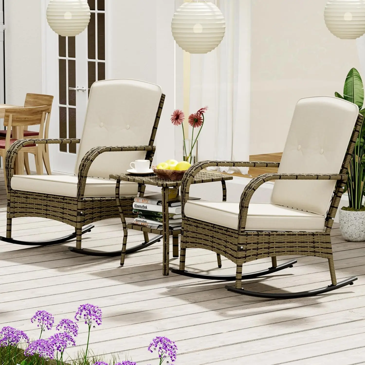 3 PCS Patio Conversation Set, Outdoor Rocking Chairs, Wicker Bistro Set, Outdoor Furniture Set w/ Porch Chairs and Coffee Table