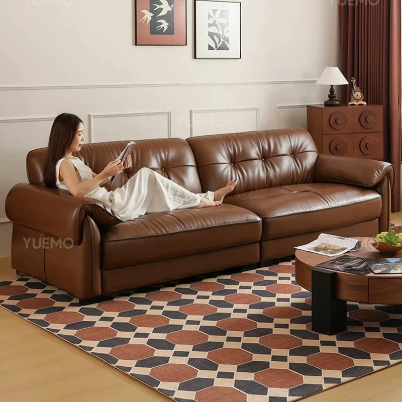 Leather Sofa Italian Minimalist Top Layer Cowhide Caramel Color Retro Style Straight Row Noble Concubine Living Room Sofas Couch