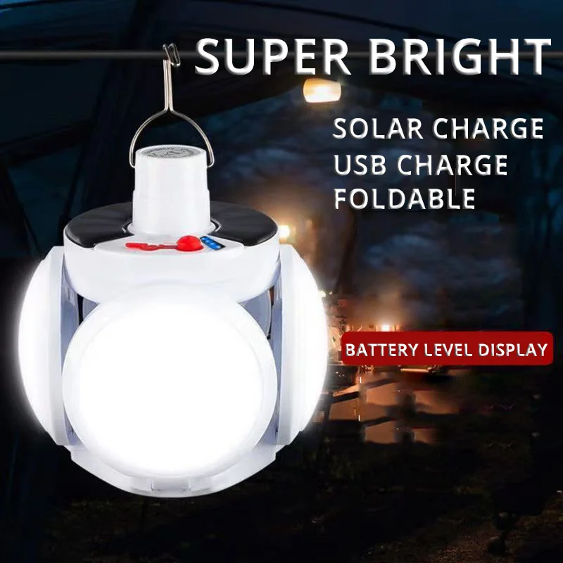 Rechargeable Camping Light with Hook LED Solar Emergency Light Foldable Bulb USB Charging Suitable for Tent Hiking Hurricane