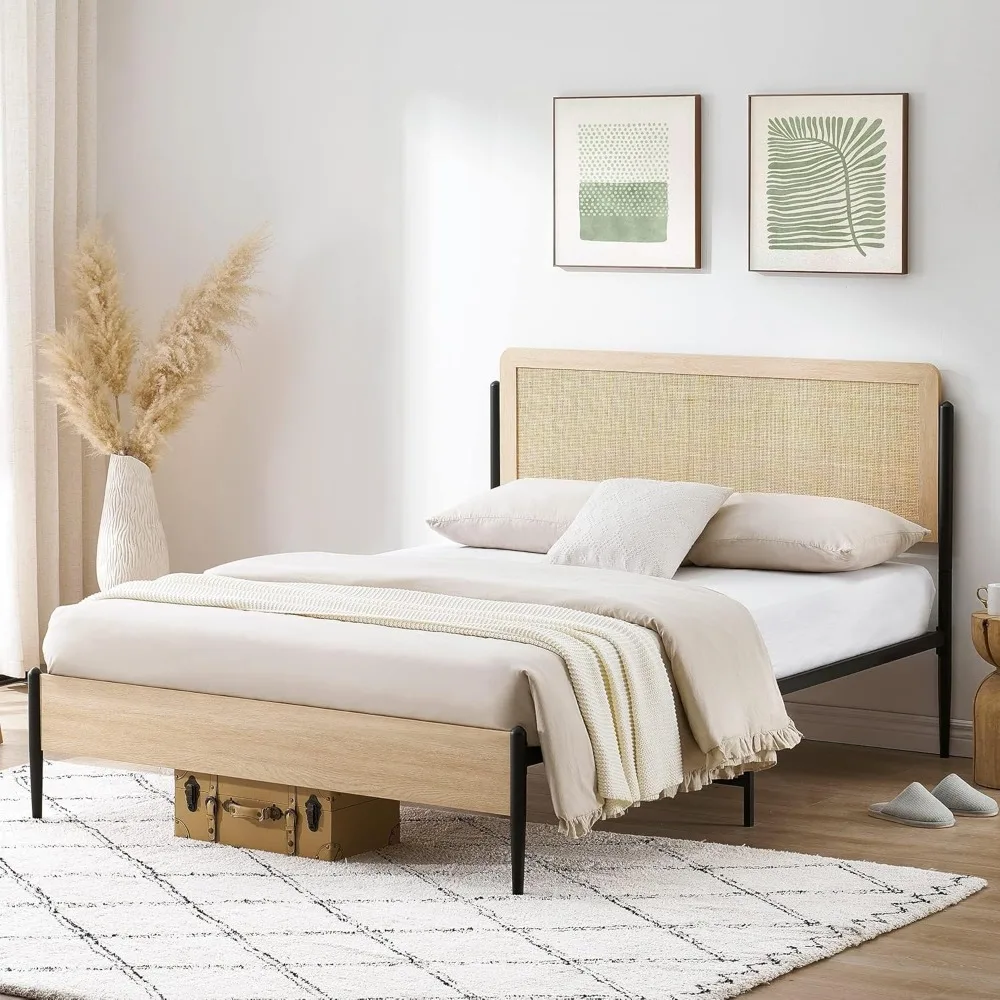 

Modern Metal Bed Frame with Rattan Headboard & Storage, No Box Spring Needed