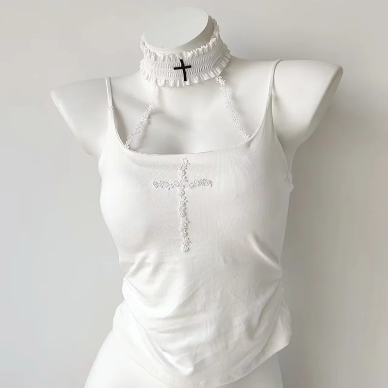 Vintage Y2k 2000s Streetwear Halter Cross Gothic Camisole Women Clothing Summer Sexy Grunge Harajuku Punk Spaghetti Strap Tops