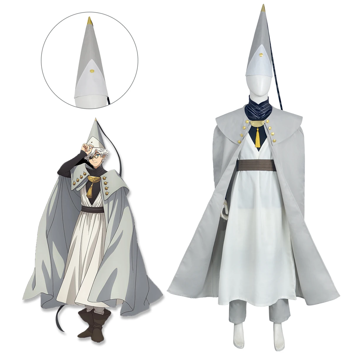 Magician Qifrey Cosplay Outfit Anime Style Gray Cloak Robe With Belt Pointed Hat Full Set Halloween Festival Party Costume