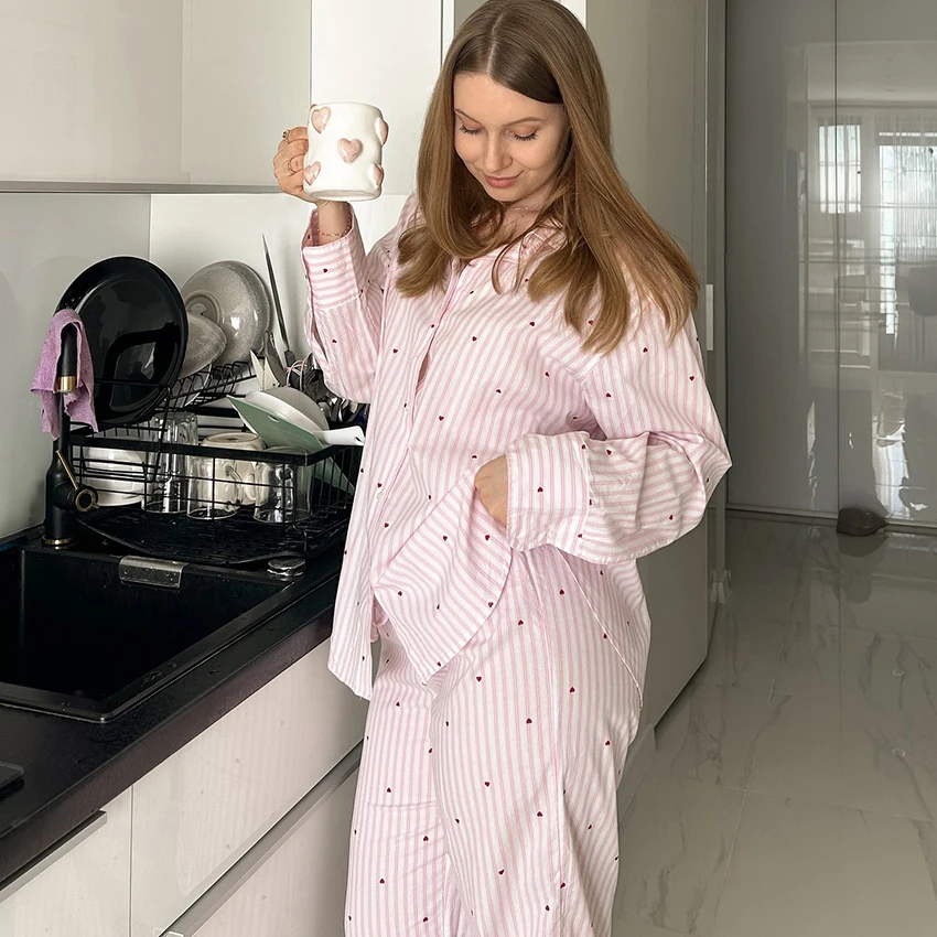 HiLoc Printed Sweet Woven Inelastic Nightgown 2 Piece Long Sleeve Lapel Single-Breasted Top Elastic Waist Full Length Pants 2026