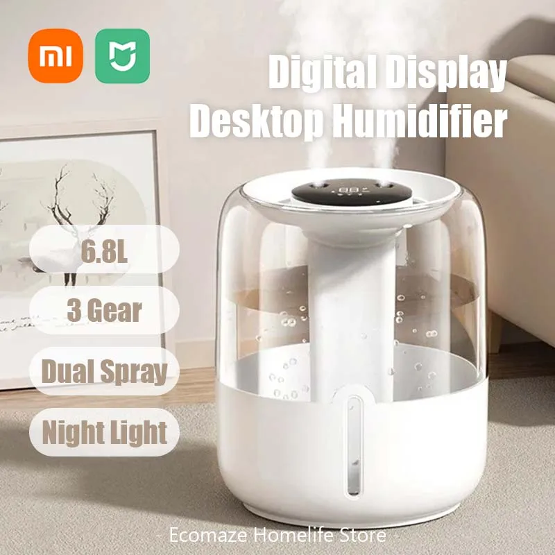 샤오미 듀얼 스프레이 가습기, 디지털 디스플레이 야간 조명 음소거 USB, 가정용 데스크탑 항균 정화 가습기, 6800 ML