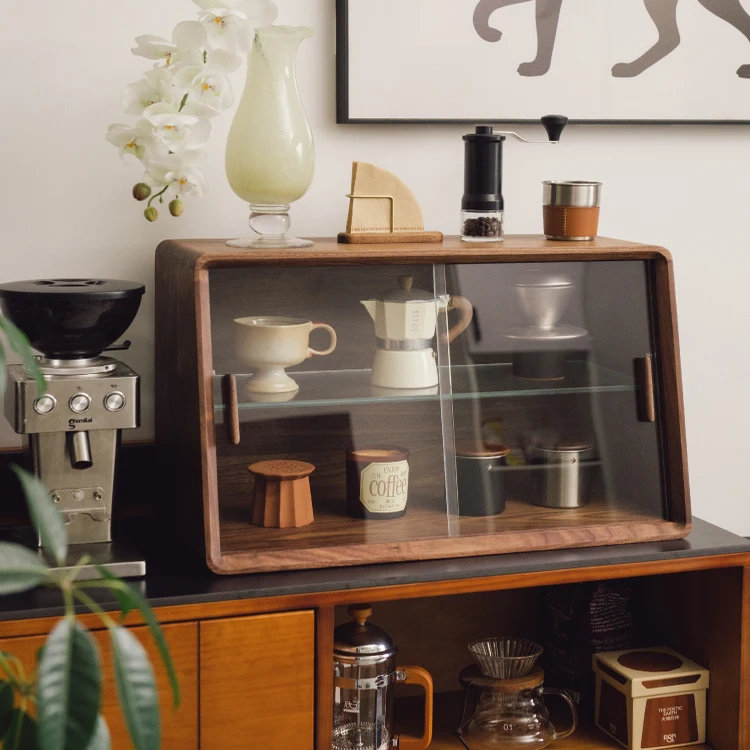 Coffee shop solid wood storage cabinet glass door black walnut desktop tableware coffee cup storage display case display case