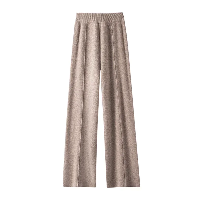 

2023 Autumn Winter Women 100% Wool Pants Soft Waxy Comfortable High-Waist Knitted Trousers Female Solid Thicken Wide Leg Pants